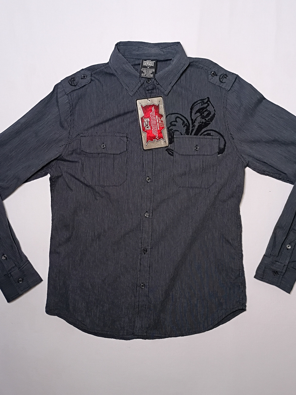 MMA Elite Mens Button Up Shirt Medium Gray Stripes NWT